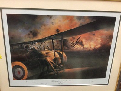 Lot 559 - Two limited edition Naval Battle scenes "Trafalgar" and "Nile", plus Spitfire in flight by Barrie A.F.Clark, The Swordfish attack at Taranto signed by Robert Taylor and a selection of smaller pictu...