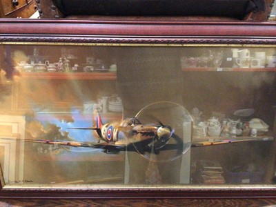 Lot 559 - Two limited edition Naval Battle scenes "Trafalgar" and "Nile", plus Spitfire in flight by Barrie A.F.Clark, The Swordfish attack at Taranto signed by Robert Taylor and a selection of smaller pictu...