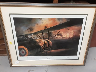 Lot 559 - Two limited edition Naval Battle scenes "Trafalgar" and "Nile", plus Spitfire in flight by Barrie A.F.Clark, The Swordfish attack at Taranto signed by Robert Taylor and a selection of smaller pictu...