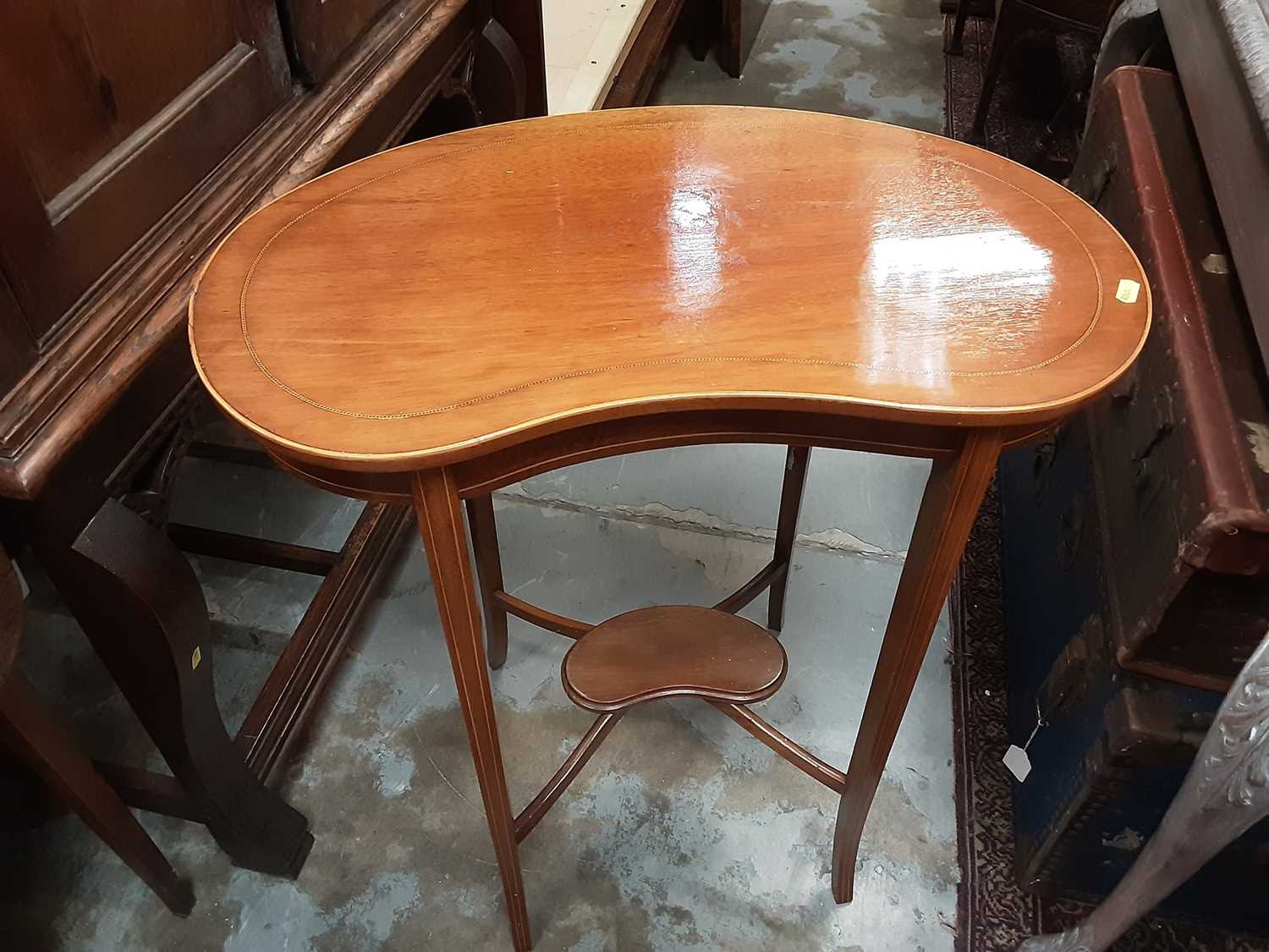 Lot 961 - Edwardian inlaid mahogany kidney shape two tier occasional table, 62cm wide, 73cm high