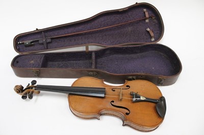 Lot 2301 - Antique violin with two piece back, Amati label