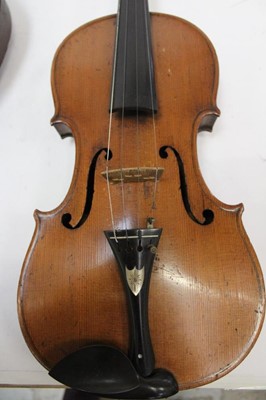 Lot 2301 - Antique violin with two piece back, Amati label