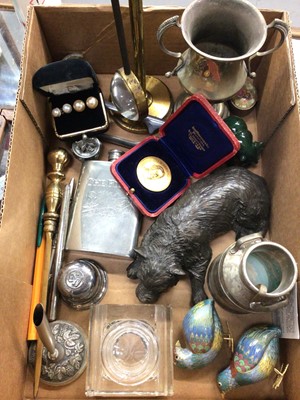 Lot 442 - Brass magnifying glass stand, plated ware, hip flask, pair cloisonné bird ornaments, pens and sundries