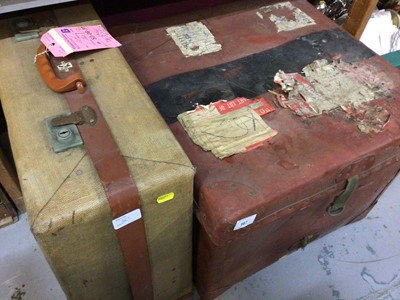 Lot 567 - Vintage leather trunk and cloth and leather suitcase