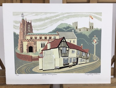 Lot 185 - Penny Berry Paterson (1941-2021) two colour linocut prints - 'Castle Hedingham', signed titled and numbered 13/20, image 42cm x 30cm, unframed together with 'Sudbury Quay', signed titled and number...