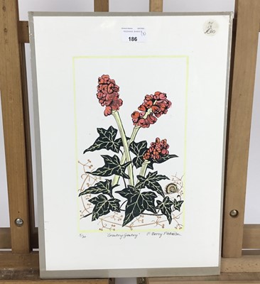 Lot 186 - Penny Berry Paterson (1941-2021) three colour linocut prints - 'Country Gentry', signed and numbered 5/30, image 18cm x 29cm, unframed; 'Jood and Della's Gourds', signed and numbered 4/20, 31cm x 2...