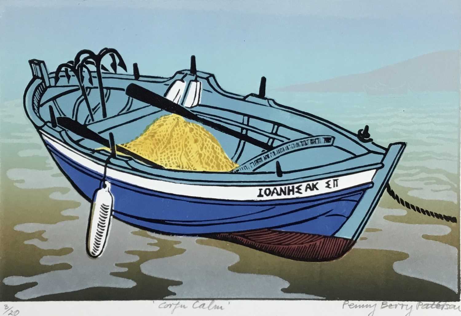 Lot 187 - Penny Berry Paterson (1941-2021) four colour linocut prints - 'Corfu Calm', signed and numbered 3/20, image 25cm x 16cm, unframed; 'Soaring', signed and numbered 3/16, image 16cm x 29cm, unframed;...
