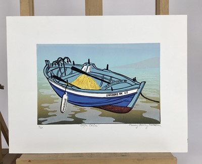 Lot 187 - Penny Berry Paterson (1941-2021) four colour linocut prints - 'Corfu Calm', signed and numbered 3/20, image 25cm x 16cm, unframed; 'Soaring', signed and numbered 3/16, image 16cm x 29cm, unframed;...