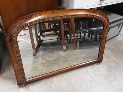 Lot 964 - Late Victorian overmantel mirror in walnut frame with inlaid decoration on porcelain feet, 98cm wide, 65cm high