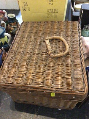 Lot 165 - Wicker picnic hamper, together with a box of books and a box of Triang railways and other sundries