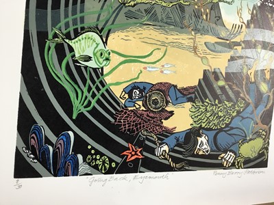 Lot 191 - Penny Berry Paterson (1941-2021) colour linocut - 'Going Back, Eyemouth' (Eyemouth disaster 1881) signed and numbered 8/30, artists notes verso, image 32cm x 46cm, unframed.