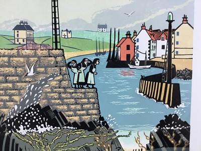 Lot 191 - Penny Berry Paterson (1941-2021) colour linocut - 'Going Back, Eyemouth' (Eyemouth disaster 1881) signed and numbered 8/30, artists notes verso, image 32cm x 46cm, unframed.