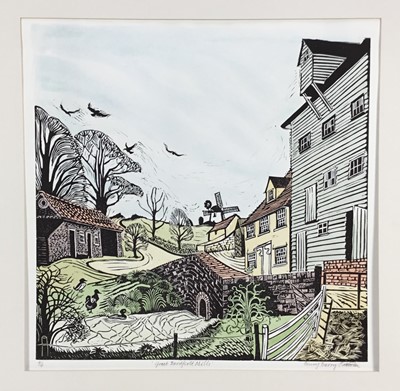 Lot 192 - Penny Berry Paterson (1941-2021) colour linocut - 'Great Bardfield Mills', signed and numbered 4/4, image 45cm x 45cm, with mount.