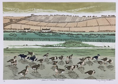 Lot 193 - Penny Berry Paterson (1941-2021) colour linocut - 'Geese at Titchwell Marshes', signed and numbered 1/13, image 48cm x 34cm, unframed.