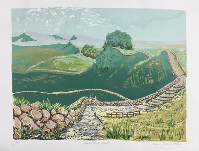 Lot 194 - Penny Berry Paterson (1941-2021) three linocut prints - 'Hadrian's Wall', signed and numbered 12/12, image 53cm x 40cm, unframed; 'Barnack Mill', signed and numbered 16/20, image 65cm x 40cm, unfra...