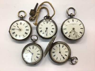 Lot 709 - Victorian J.J. Durrant silver cased pocket watch, London 1865, together with silver full hunter and three other silver cased pocket watches (5)