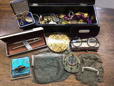 Lot 711 - Lacquer box containing costume jewellery, mesh purses, pens, old pair spectacles and other items