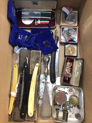 Lot 455 - Two trench art lighters, cut throat razors, medals, Victorian miniature china doll and sundries