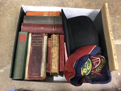Lot 117 - Three boxes of sundries, including car manuals, vintage bowler hat, badges, German language books