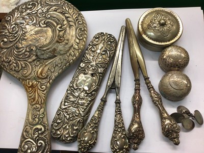 Lot 720 - Silver dressing table items, pair silver cufflinks, various pairs of glove stretchers and bead necklaces