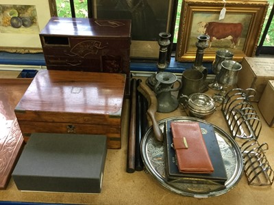 Lot 499 - Victorian brass bound writing slope together with a Japanese lacquer Cabinet, silver plated salver, candlesticks and sundries