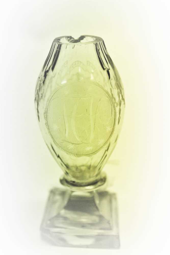 Lot 728 - Scarce George III engraved glass bottle for the Loyal Colchester Volunteers with Town Arms C.A.C. initials dated 1797 and frosted and cut cartouche with L.C.V. monogram.