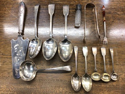 Lot 737 - Georgian and later silver flatware together with a Victorian agate handled pickle fork