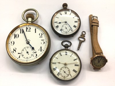 Lot 738 - Vintage 9ct gold watch, silver cased pocket watch, one other and a Goliath pocket watch (4)