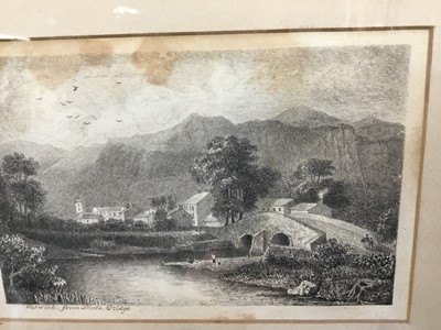 Lot 4 - English School, 19th century, pair of very fine pen and ink landscapes, one indistinctly signed and both titled - Keswick from Greta Bridge, Valley of Troutbeck, Westmorland, 10 x 15cm, gilt glazed...