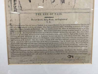 Lot 73 - Late 18th century anonymous printed political cartoon on Thomas Paine - The End of Pain, dated 1794 in pen and indistinctly signed, 26 x 16cm