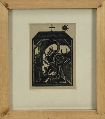 Lot 238 - David Michael Jones (1895-1974) wood cut engraving (E40) Nativity with cross and star, unsigned, image 10 x 7cm, glazed frame