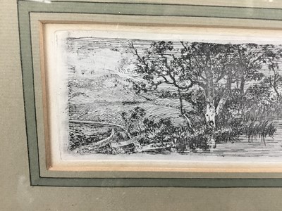 Lot 2 - John Crome (1768-1821) etching - Farm Buildings by a pool, 5 x 17.5cm, glazed frame, William Weston Gallery label verso