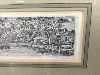 Lot 2 - John Crome (1768-1821) etching - Farm Buildings by a pool, 5 x 17.5cm, glazed frame, William Weston Gallery label verso