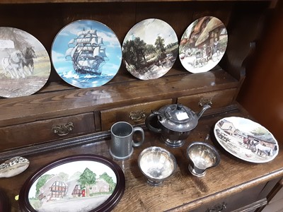 Lot 472 - Elliott London mantel clock, plated three piece teaset, collectors plates and sundries