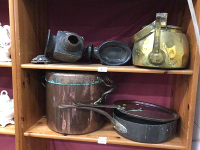 Lot 128 - Pair of carriage lamps, together with a large copper preserve pan, another copper pan, and a brass kettle