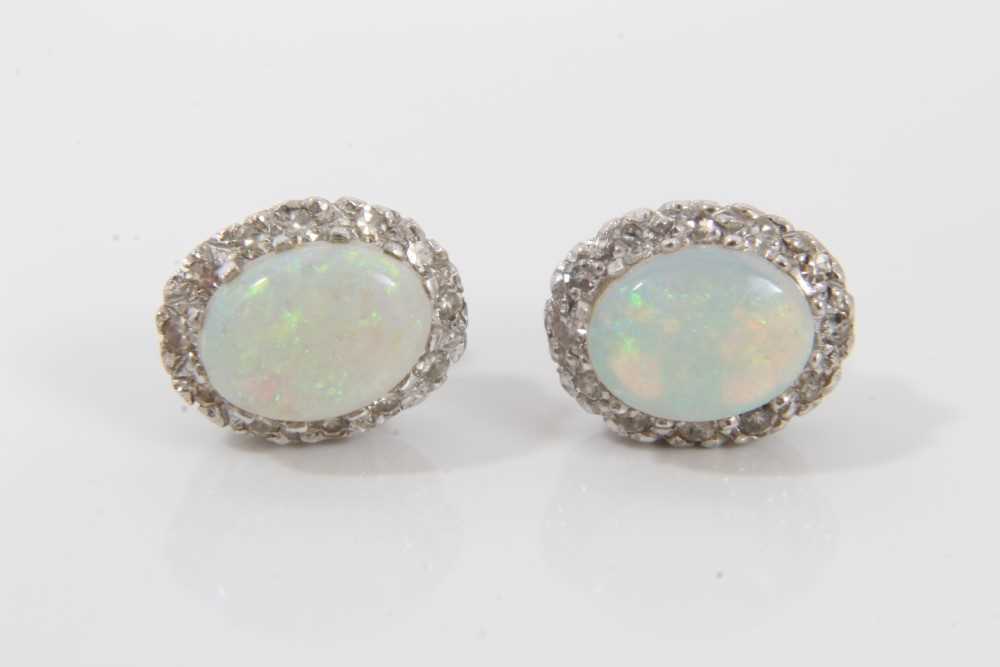 Lot 20 - Pair 18ct white gold opal and diamond earrings