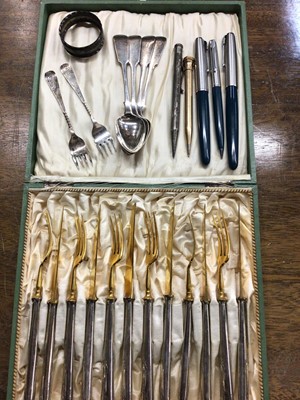 Lot 727 - Set twelve WMF dessert knives and forks in fitted case, four Scottish silver teaspoons, two silver pickle forks, silver napkin ring and some pens