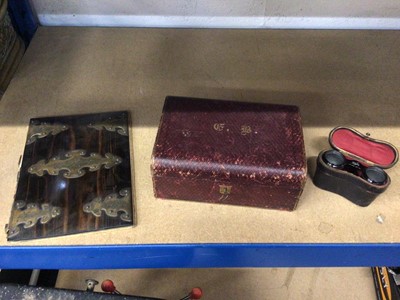 Lot 216 - A Victorian coromandel desk blotter, a leather-covered jewellery box containing a quantity of keys, and a pair of opera glasses