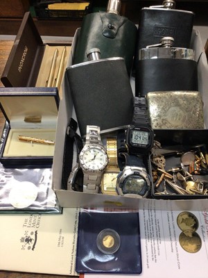 Lot 739 - Gold 2005 Nelson coin, group gentlemen's wristwatches, hipflasks, plated cigarette case, pens and cufflinks