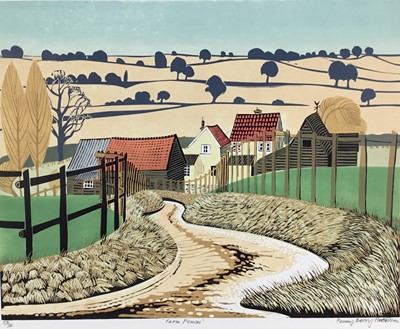 Lot 195 - Penny Berry Paterson (1941-2021) colour linocut - 'Farm Fences', signed and numbered 23/30, image 50cm x 40cm, set in large mount, unframed.