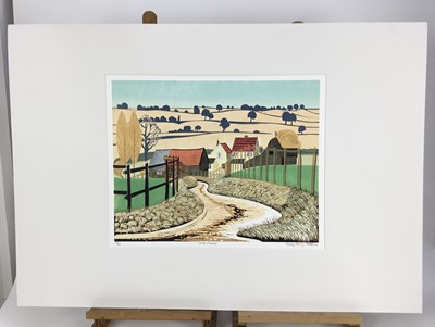 Lot 195 - Penny Berry Paterson (1941-2021) colour linocut - 'Farm Fences', signed and numbered 23/30, image 50cm x 40cm, set in large mount, unframed.