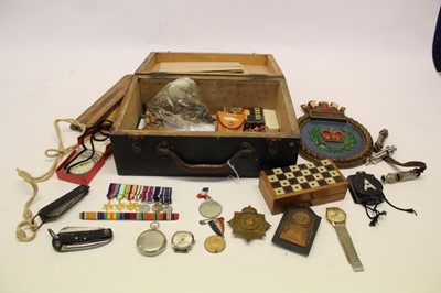 Lot 861 - Group of medals and Militaria to include Civil Defence jacket, miniature medals, compasses, whistles, photographs and sundry items