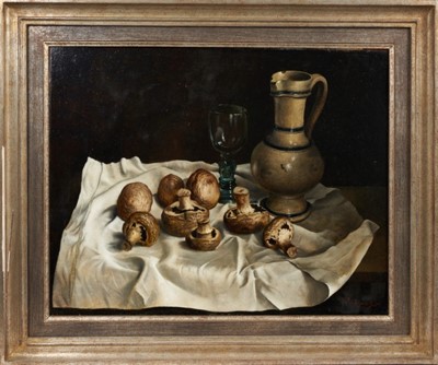 Lot 1173 - Willem Dolphijn (1935-2016), oil on panel, Still Life of Mushrooms, signed and dated 1985, 38.5 x 48.5cm