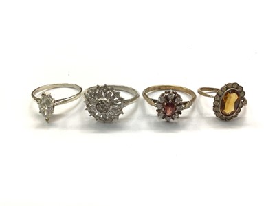 Lot 745 - 9ct white gold synthetic marquise stone ring, diamond cluster ring in silver setting and two dress rings (4)