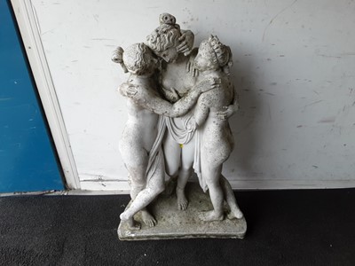 Lot 1082 - Concrete garden statue of three semi clad ladies, 84cm high, 51cm wide