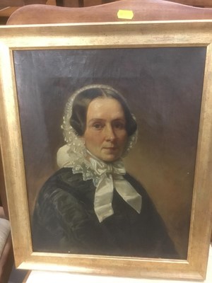 Lot 280 - Continental School, 19th century, oil on canvas, half length portrait of a woman wearing white bonnet, inscribed to stretcher, 41 x 34cm, framed, together with an oil on panel scene of a Continenta...