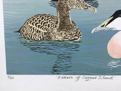 Lot 78 - Penny Berry Paterson (1941-2021) colour linocut print, Eiders off Coquet Island, signed inscribed and numbered 3/20, image 32 x 41cm, together with another 'Catching the Catch', 5/30, 33cm x 41cm.