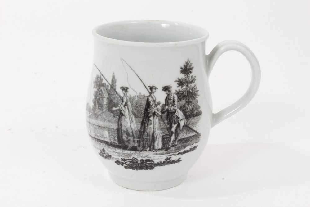 Lot 178 - A Worcester mug, printed by Robert Hancock with The Whitton Anglers and Gardener Grafting a Tree, circa 1760. 
Provenance: Norman Stretton Collection