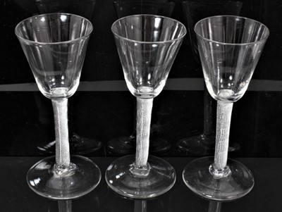Lot 193 - Three large wine glasses, each with air twist stem, circa 1760