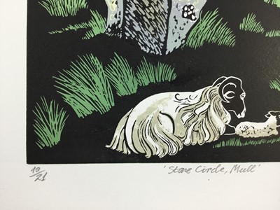 Lot 82 - Penny Berry Paterson (1941-2021) colour linocut, stone circle, Mull